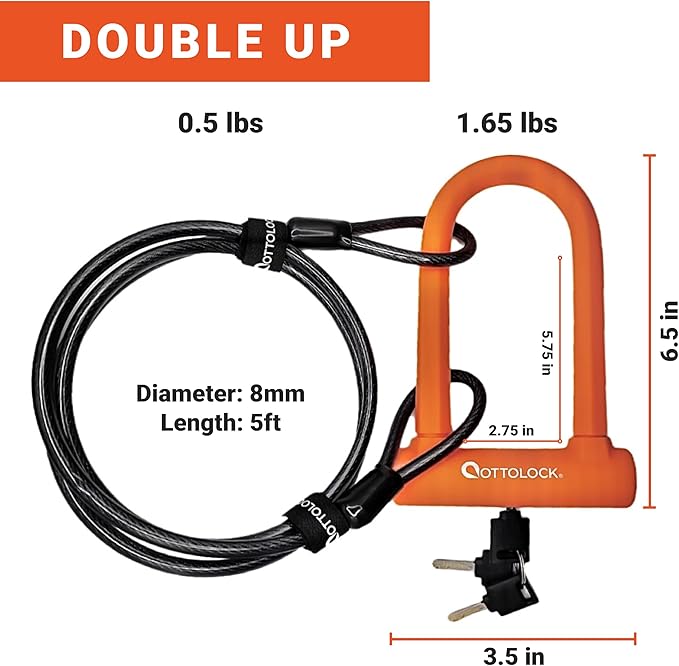 OTTOLOCK Sidekick Compact U-Lock and Cable Bundle - Heavy Duty Anti Theft Bicycle U-Lock with Keys, Silicone-Coated, Bike Accessories, Orange