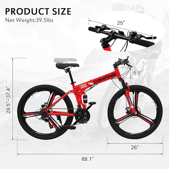 26" Foldable Bike, 21 Speeds Folding Bikes for Adults, Bicycle for Men & Women with Full-Suspension, Double-Walled Tire, Dual Disc Brake, Quick Release and Unique Wheel Look