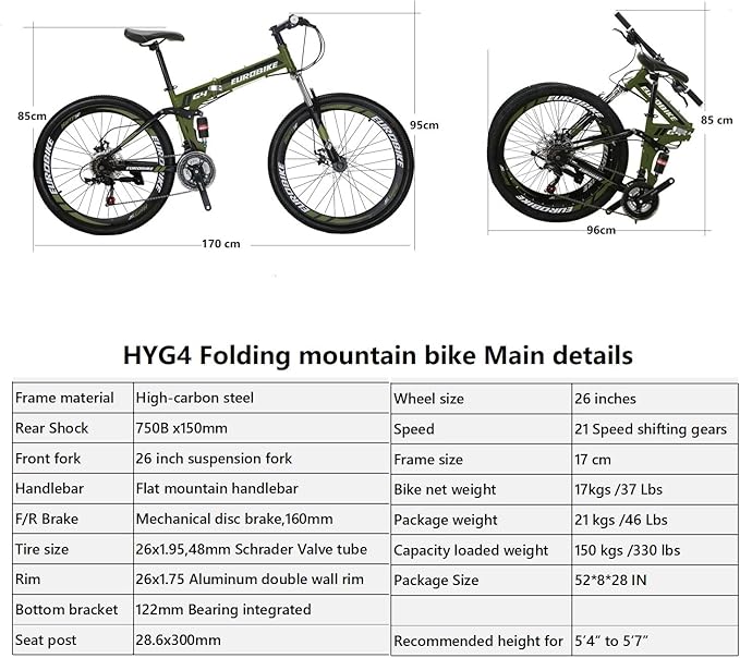 EUROBIKE Adult Folding Mountain Bike HY G4/G6 Foldable Bicycle for Women 26 Inch Wheels 21 Speed Mens Folding Bike Dual Suspension MTB Bicycle
