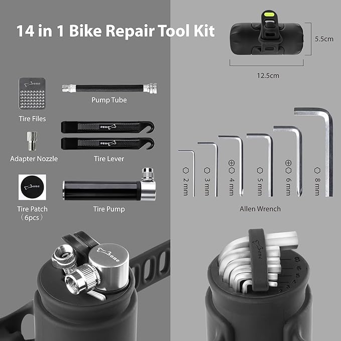 BONE Bike Portable Tool Kit, 14-in-1 Bicycle Repair Capsule, Scratch-Free & Waterproof Silicone Bag for Emergency Maintenance, Cycling accessory with Tire Pump & Wrench for Camping & Travel