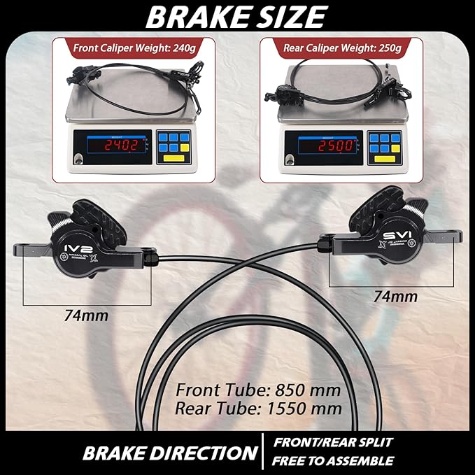 BUCKLOS IIIPRO IV2 MTB Hydraulic Disc Brake Set, 2 Piston Left Front 850mm Right Rear 1550mm Aluminum Alloy Levers Calipers for Mountain Bike/Ebike/Folding Bike/Fat Bike