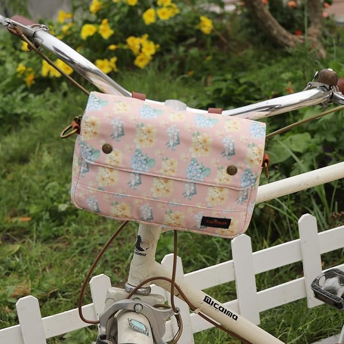 TOURBON Bike Bag Waxed Canvas Bicycle Handlebar Bag Zipper Closure Pouch Crossbar Front Frame Basket Cycling Saddebag Under Seat Strap-on Rear Rack Pannier (Pink with Flower)