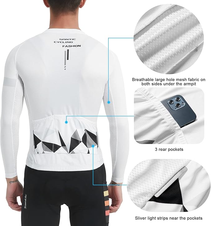 Santic Cycling Jersey Men's Long Sleeve Bike Reflective Full Zip Bicycle Shirts with Pockets