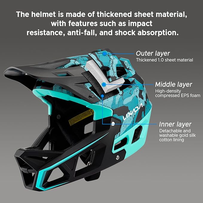 Lixada Adult Bike Helmet, Full Face Mountain Bike Helmet Lightweight Bicycle Helmet with Pads & Visor, Comfort Cycling Helmet Racing Downhill MTB Helmet for Men Women