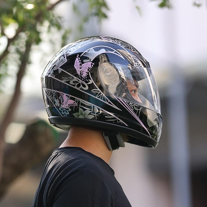 TCT-MOTORPARTS DOT Adult Helmet Pink & Black Butterfly Full Face Street Sport Motocross Helmet (X-Large)