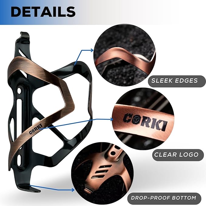 Corki Cycles Heavy Duty Bike Water Bottle Holder, Lightweight Aluminum Cage Shockproof Design for Road Mountain Gravel Bikes, Holds 18-30 oz, 2-Pack Vintage Copper