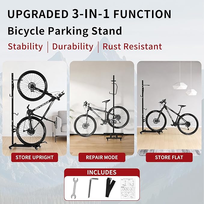 Vertical Bike Stand with Wheels, Space-Saving Freestanding Bike Rack, 360° Moveable Adjustable Height Indoor Bike Storage for Garage & Apartment, Floor Bike Parking Holder for Bikes up to 22”-29”