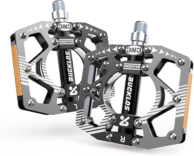 BUCKLOS MTB Bike Flat Pedals with Reflectors,Large Platform Mountain Non Slip CNC Aluminum Alloy Bicycle Pedals Sealed Bearing 9/16" Adult