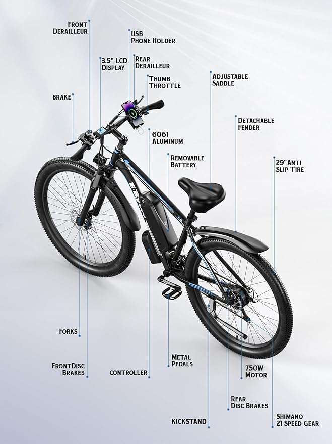 E·Bycco 34 MPH 70 Miles Long Range 1000W Electric Bike for Adults – 29" Tire 48V 17.5Ah Removable Battery, 21 Speed, Fast City Commuter Pedal Assist E-Bike for Snow Sand, E8