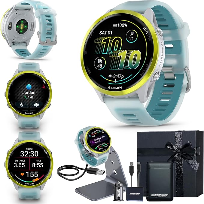 Garmin Forerunner 570 47mm GPS Running Smartwatch, Amp Yellow | Advanced Training & Recovery, Sleep Coach, Heart Rate, Download Music, Up to 11 Day Battery | Signature Series Gift Bundle