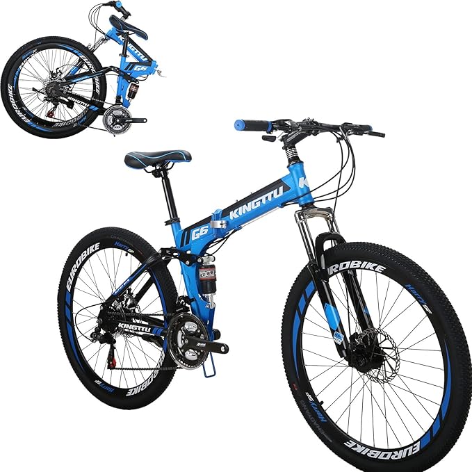 EUROBIKE Folding Bike,26” Full Suspension Mountain Bike, 21 Speed Folding Bicycle Men or Women MTB (G6 Blue)