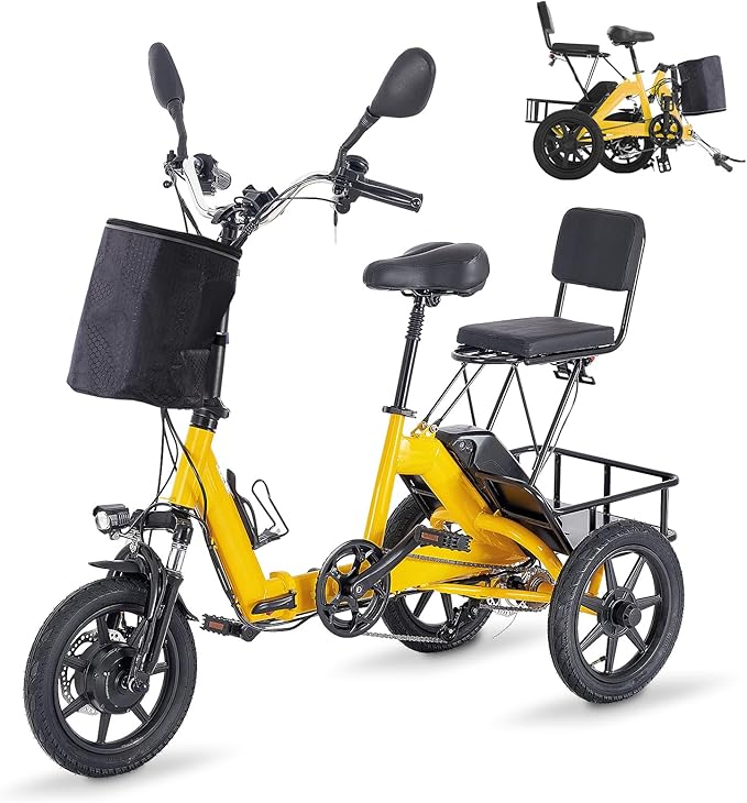 E Trike Electric Bike, 350W(Peak 500W) Brushless Motor Folding Trike, 2 Seats Ebike, 480Wh Removable Battery, Step-Thru 3 Wheel Electric Bicycle, Up to 45 Miles, Tricycle for Adults Parents