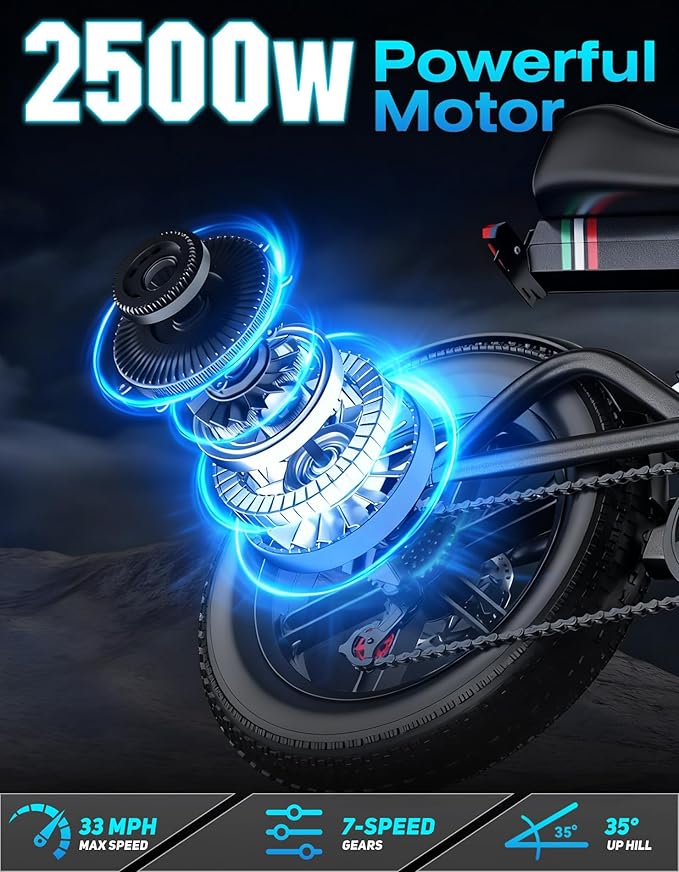 Electric Bike for Adults,2500W Peak Motor, 100 Miles, 48V 23AH Battery Electric Dirt Bike, 33MPH, NFC/Password Unlock, 7-Speed, Dual Suspension 20" Fat tire Ebikes for Adults