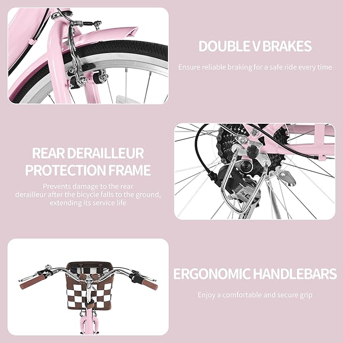 24/26 Inch Foldable Beach Cruiser Bike for Women, 7 Speed Folding Bikes for Adults, Womens City Bike with Basket & Adjustable Seat, Step Through Commute Bikes for Women Adults