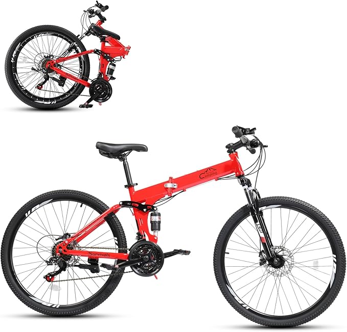 26/27.5 Inch Foldable Bike Folding Bike with 21 Speed, One Touch Folding, Dual Disc Type Brakes, Adjustable Seat, Full Suspension, Folding Bicycle for Men/Women/Senior