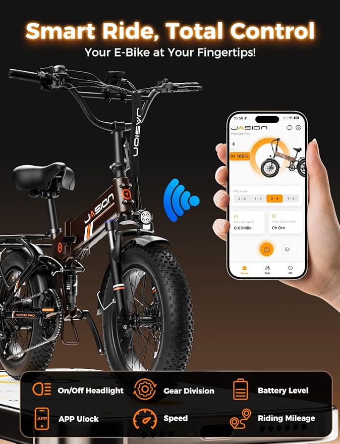 Jasion X Hunter/PRO Electric Bike for Adults,1800W/1400W Peak 20''Fat Tire Foldable Ebike,Folding E Bike Up to 80/70 Miles Range,720/624WH Removable Battery,30 MPH E Bike,Certified by UL2849