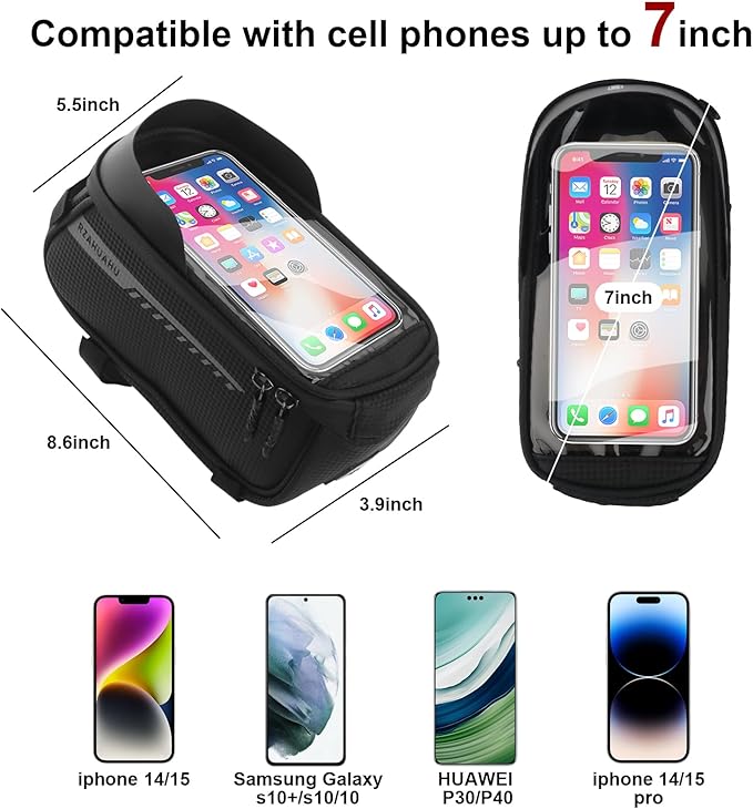 Bike Phone Handlebar Bag Quick Release Bike Front Frame Bag Bike Phone Mount Bag Waterproof Sensitive Touch Screen & Sun Visor Bike Top Tube Bag Suitable for Cell Phones 7''