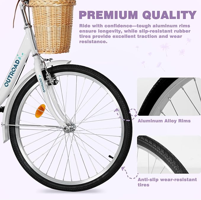 Betterland Beach Cruiser Bike for Women, 24/26 inch Hybrid Bike with Adjustable Seat, Womens Bike with Front Basket and Dual V-Brake, Step Through Comfort Bicycle for City Commuter