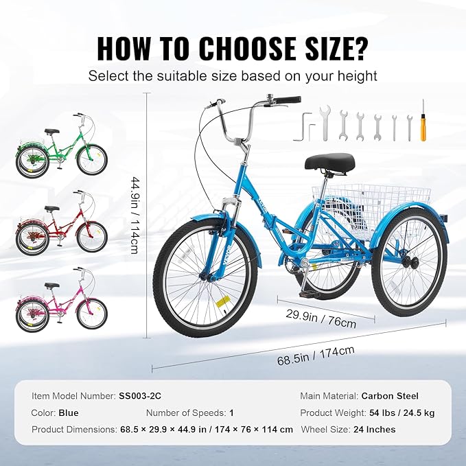 VEVOR Folding Adult Tricycle,Adult Folding Trikes, 3 Wheel Cruiser Bike with Large Basket & Adjustable Seat, Shopping Picnic Foldable Tricycles for Women, Men, Seniors