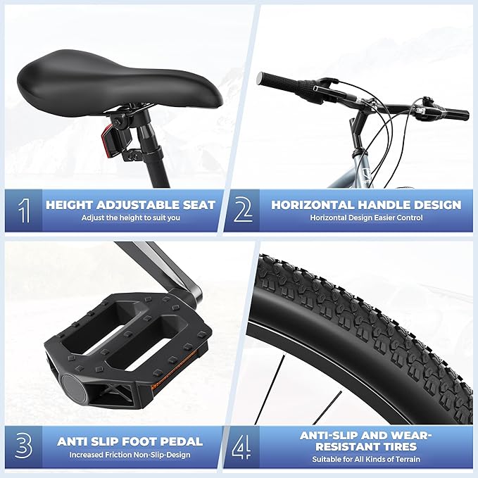 26" Mountain Bike, 7-Speed Lightweight High-Carbon Steel Frame, V Brakes & Front Suspension - Adjustable Ergonomic Seat for Men & Women(Quick Assembly, Multiple Colors)