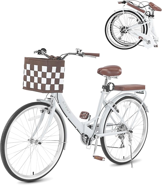 24/26 Inch Foldable Beach Cruiser Bike for Women, 7 Speed Folding Bikes for Adults, Womens City Bike with Basket & Adjustable Seat, Step Through Commute Bikes for Women Adults