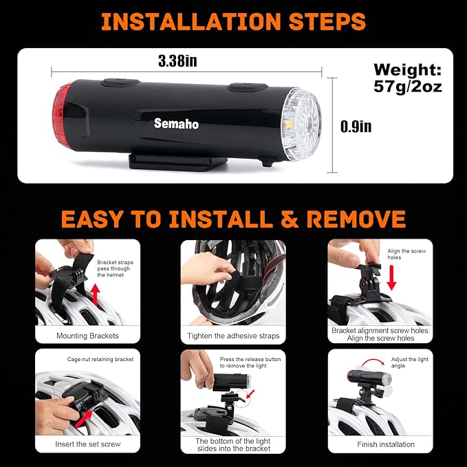 2in 1 Rechargeable Helmet Light with Bracket Mount Night Bike Light Riding Safety 5 Warning Light Modes IP66 Waterproof Bicycle Light, 360° Rotatable Front Rear Lights, Mountain Bike Headlight