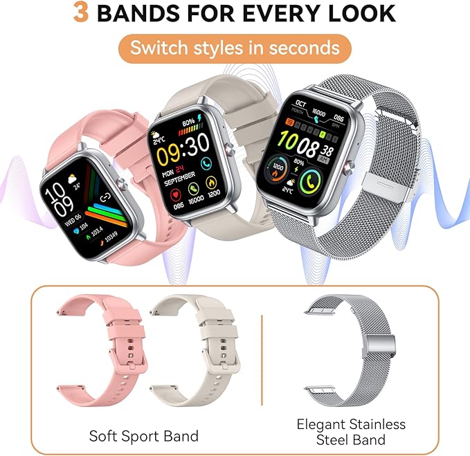 Smart Watch for Women Men- 1000mAh Battery Answer/Make Call, Fitness Step Tracker Watch with Sleep Monitor/Activity Counter/110+ Sport Mode for Andriod iPhone iOS Compatible - 3 Straps