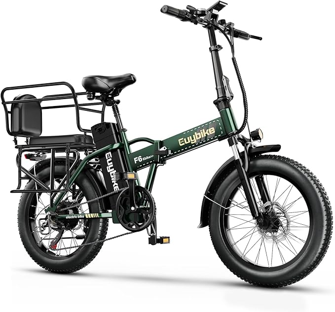 EUYBIKE Foldable Electric Bike for Adults, 30+MPH, 48V 20Ah Removable Battery up to 80Miles, 20" Fat Tire 1000W Peak Motor Adult Electric Bicycle for Beach Mountain E Bike Green with Safety Seat