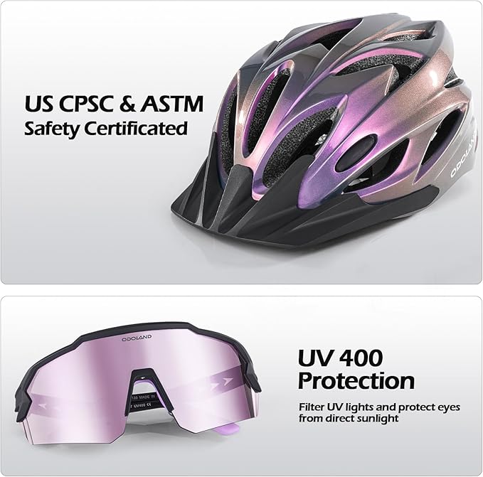 Odoland Adult Bike Helmet and Cycling Sunglasses Set for Men & Women, Safety Certified Bicycle Helmet with UV Protection Glasses for Mountain, Skating, Road, City Commuting & Outdoor Riding