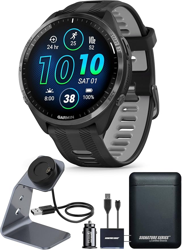 Garmin Forerunner 965 Advanced GPS Multisport Touchscreen Smartwatch, Black | Heart Rate Monitor, Training Stats, On-Device Workouts, Up to 13 Day Battery Life with Signature Series Power Bundle