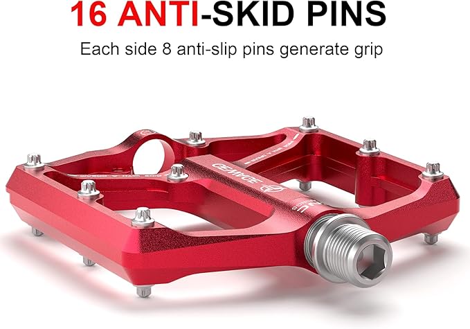 Road/Mountain Bike Pedals - 3 Bearings Bicycle Pedals - 9/16” CNC Machined Flat Pedals with Removable Anti-Skid Nails
