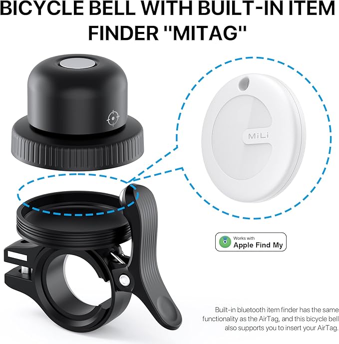 Bike Bell for Apple AirTag, MiTag Bluetooth Tracker Included, Bicycle Bell Hidden Mount for AirTag, Waterproof Anti-Theft Holder for GPS Tracker