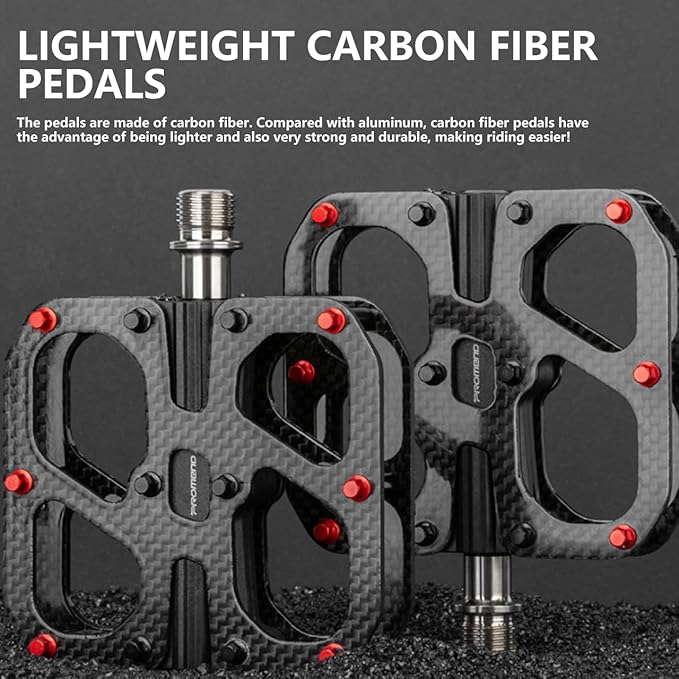 Ultra-Lightweight Full Carbon Fiber Bicycle Pedals with Removable Anti-Slip Steel Studs, Titanium Alloy Axle, 3 Sealed Bearings - Ideal for MTB & Road Bike Cycling & Racing