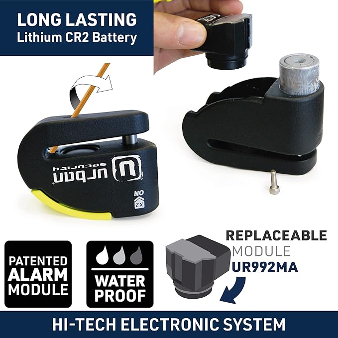 URBAN 999 Approved Motorcycle Disc Lock with Smart Alarm | 120dB, LED, Warning, A+ Sensitivity, X2 ON | SRA & Sold Secure Gold Tested Anti-Theft for Motorbike | 14mm Double Locking, Hardened Steel