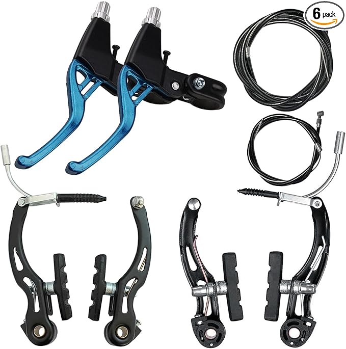 Lomodo 6 Pieces Bicycle Brake Accessories Including 2 Pack Aluminium Alloy Brake Levers (2.2 cm in Diameter) and 2 Pair V Brake Set and 2 Pack Brake Wire for Mountain/Road/MTB Bike (Blue)