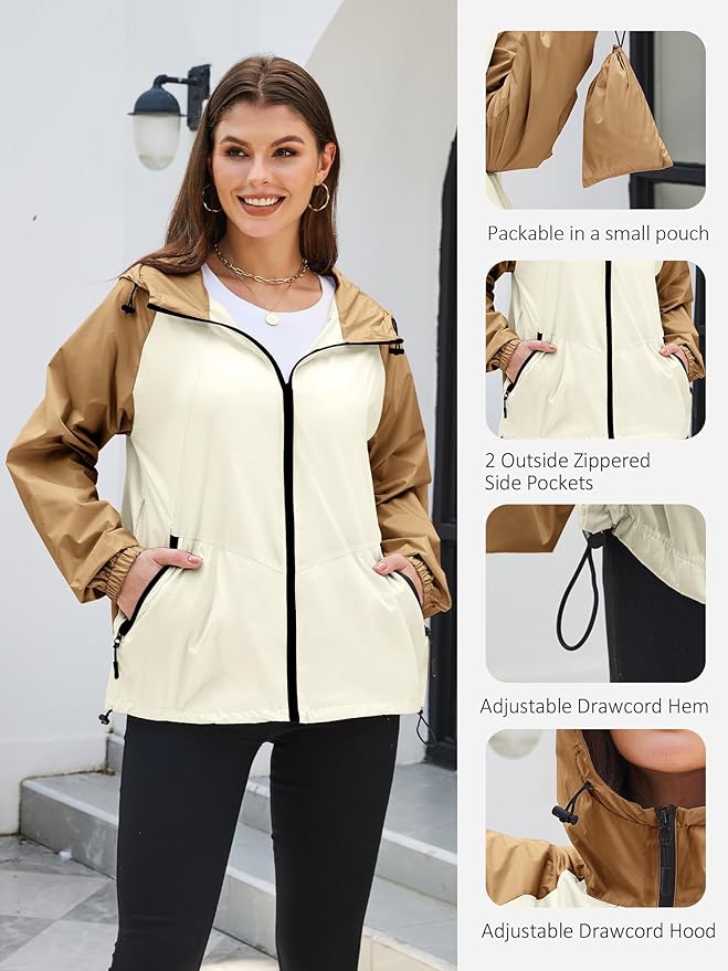 PITINAN Lightweight Rain Jacket Women Packable Wind Breaker Light Rain Jacket Women Waterproof Travel Raincoat S-XXL