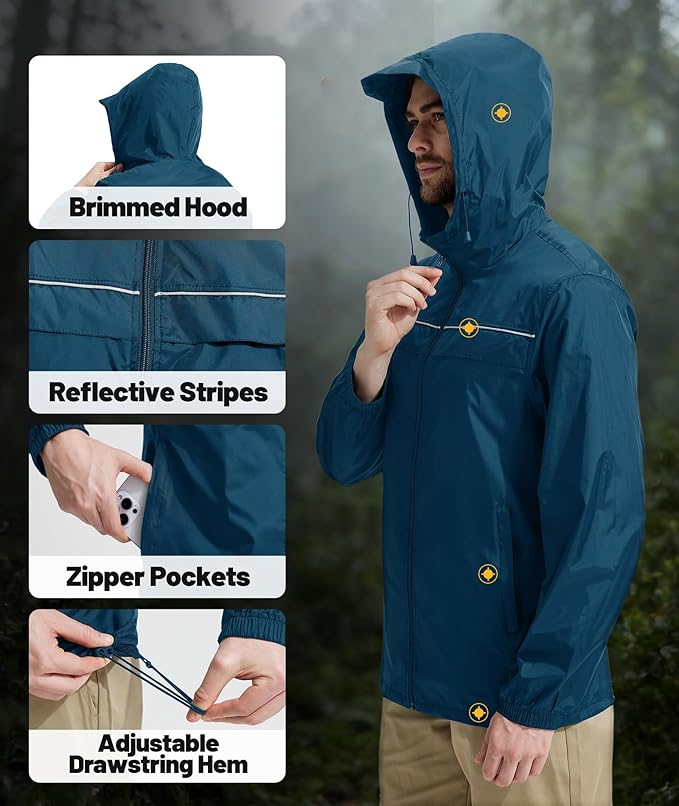 SWISSWELL Mens Rain Jacket & Coats Packable Lightweight Waterproof Windbreaker Hooded for Golf Cycling Hiking