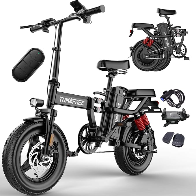 Tomofree Folding Electric Bike for Adults 20-24MPH Peak 750W EBike, 48V 20AH Removable Battery for Electric Bicycles, 40Miles Max Range, 10 Shock Absorbers, 14'' Fat Tire Foldable E-Bike, PAS E Bike