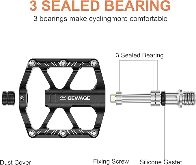 Mountain Bike Pedals - 3 Bearings Bicycle Pedals with Reflectors - 9/16” CNC Machined Flat Pedals with Removable Anti-Skid Nails for Road Mountain BMX MTB Bike