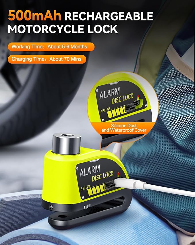 Motorcycle Disc Lock with Alarm, Electric Scooter Lock Heavy Duty Anti-Theft with 120dB Alarm, 5FT Reminder Cable for Helmet Anti-Theft, Rechargeable (Green)