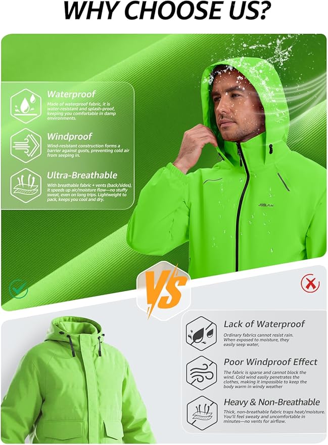 Men's Rain Jacket Waterproof Windproof Breathable for Hiking Cycling Commuting with Hood & Pockets