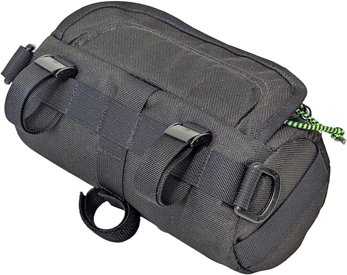 Handlebar Bag (Black & Green Burrito) | 2 Liter Capacity | Spacious Bike Bag w/ 2 Extra Long Buckle Straps & 1 Hook-and-Loop Strap | Water Resistant Front Basket | Bike Accessories | Made in USA