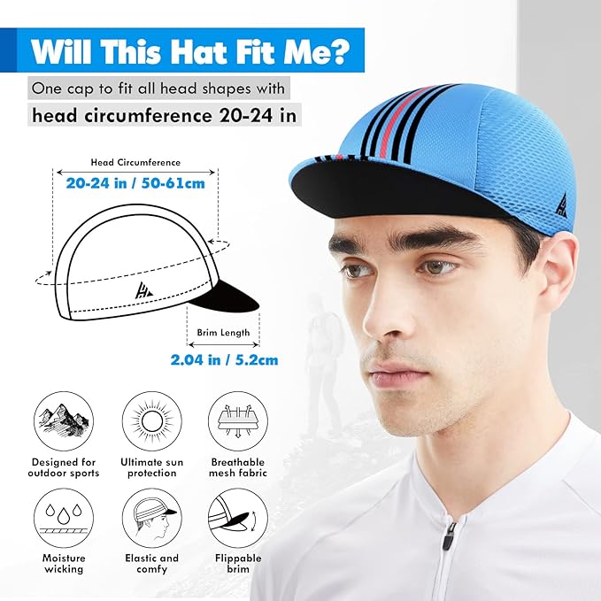 Hikenture Cycling Cap,Cooling Skull Cap Bike Hat with Sun Visor, Summer Breathable Helmet Liner Biking Cap for Men Women