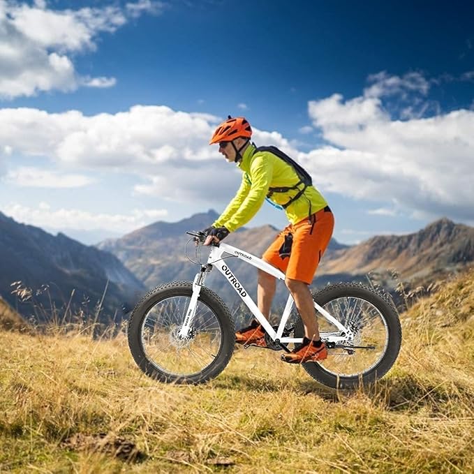 Outroad Fat Tire Mountain Bike with 26 inch Wheels, 21 Speed with High Carbon Steel Frame, Double Disc Brake and Front Suspension Anti-Slip Bikes