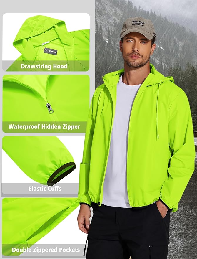 COOFANDY Men's Light Rain Jacket with Hood Packable Waterproof Raincoat Golf Rain Gear Travel Hiking Windbreaker
