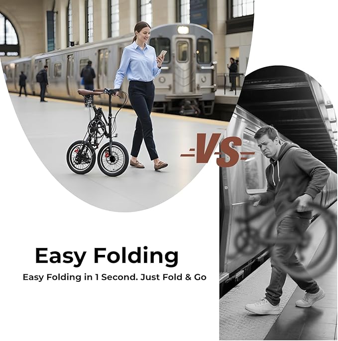 16‘’ Folding Bike for Adults, 1-Second Fold Technology, 95% Pre-Assembled Lightweight 33lbs Commuter Bicycle, 7-Speed Gear System for Men & Women, Foldable Bike for City Travel & Small Space Storage