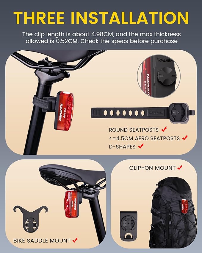 RAVEMEN TR150/TR250 Bike Tail Light, 280° Visible Bike Rear Light with Brake Detection and Auto On Off Feature, 3 Mounting Options
