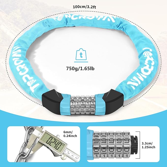 Bike Chain Lock Upgrade Metal Digital Dials 3.2Ft Long High Security Heavy Duty Anti Theft, 5 Digit Combination Keyless Bicycle Lock for Bike/Electric Scooter/Ebike/Motorcycle(Sky Blue)