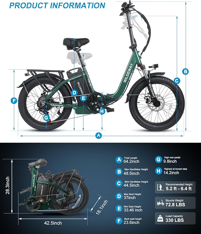Electric Bike for Adults 48V 32Ah（1536Wh） FW11 20” x 3.0” Long Range 28MPH Folding E-Bike Men Women Fat Tire Mountain Foldable Step-Thru Ebike City Urban Commuting Bicycles UL 2849 Certified