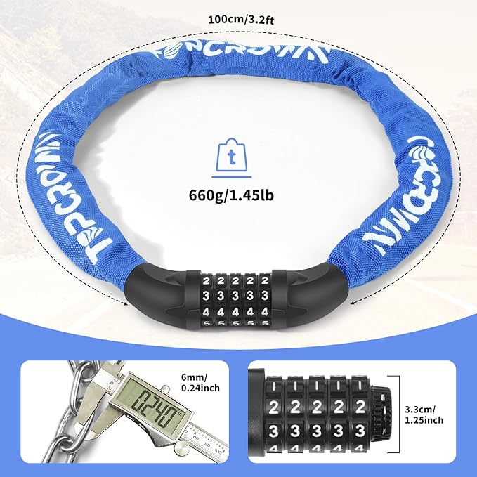 Bike Chain Lock 3.2Ft Long High Security Heavy Duty Anti Theft, 5 Digit Combination Resettable Keyless Bicycle Lock for Bike/Electric Scooter/Ebike/Motorcycle(Blue)